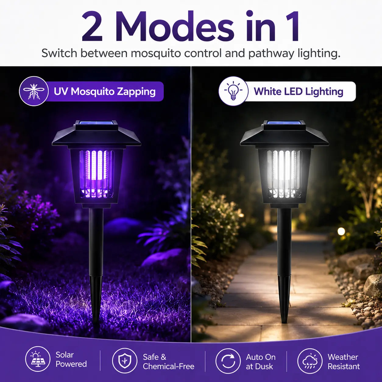 Solar Mosquito Zapper Light – Outdoor Garden Stake Lamp, UV Insect Killer, Solar Powered, Dual Mode (Mosquito Control + Pathway Lighting)