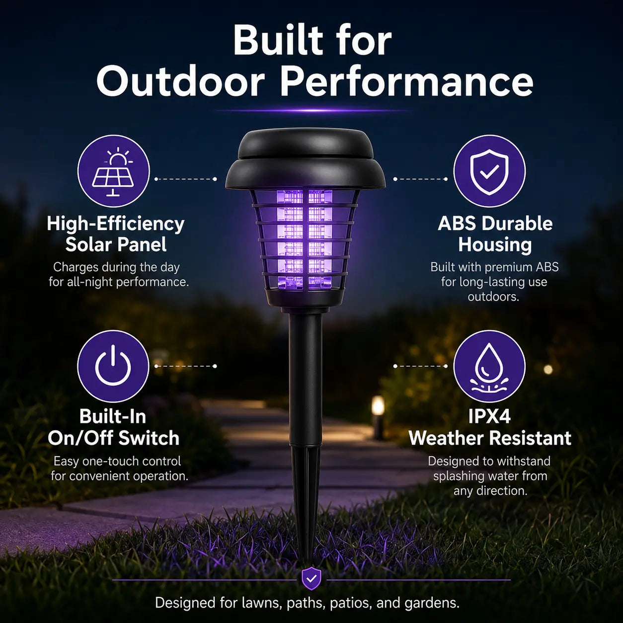 Solar Mosquito Zapper Light – Outdoor Garden Stake Lamp, UV Insect Killer, Solar Powered, Dual Mode (Mosquito Control + Pathway Lighting)