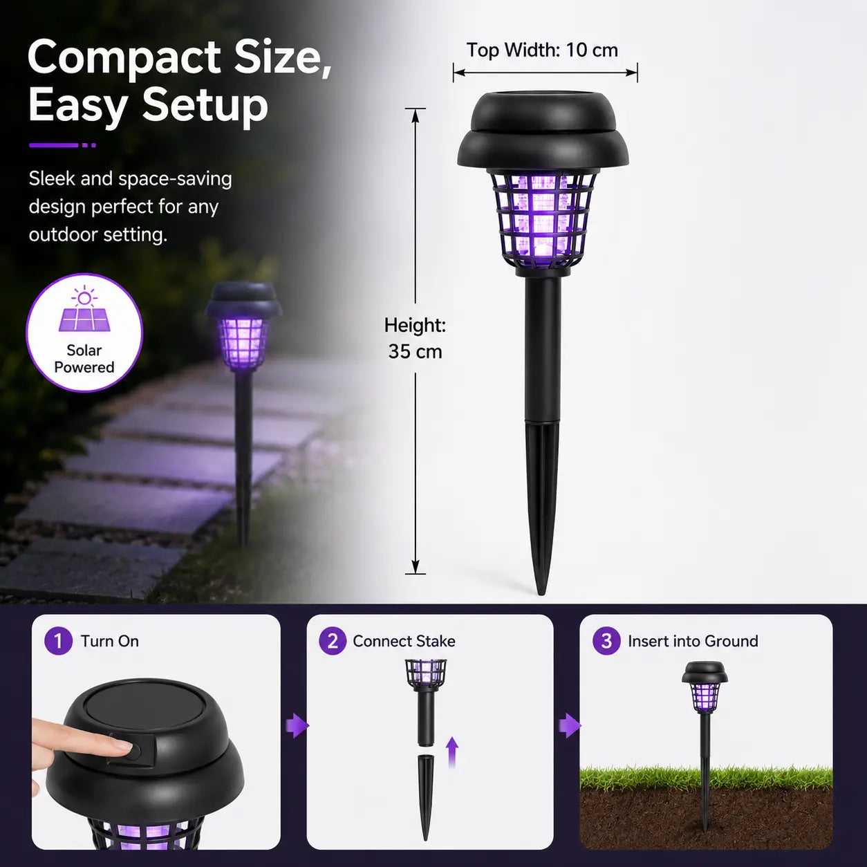 Solar Mosquito Zapper Light – Outdoor Garden Stake Lamp, UV Insect Killer, Solar Powered, Dual Mode (Mosquito Control + Pathway Lighting)